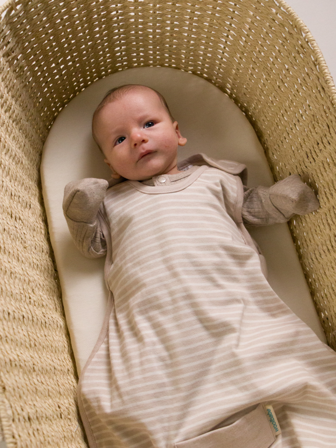 Baby wearing woolbabe sleeping bag and ribbed bodysuit in a moses basket