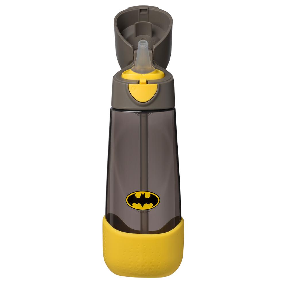 Gray and yellow water bottle with Batman logo on a white background
