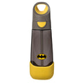 Batman-themed water bottle with yellow and gray design on a white background