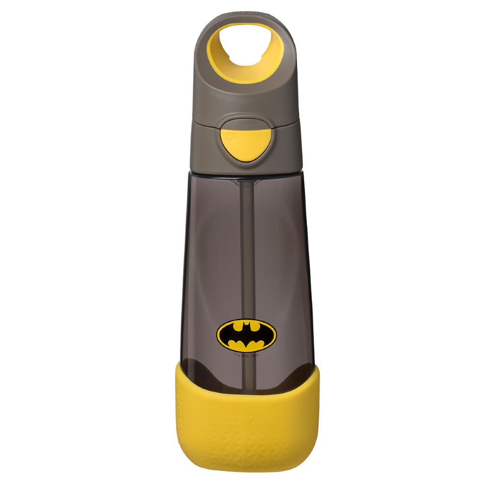 Batman-themed water bottle with yellow and gray design on a white background