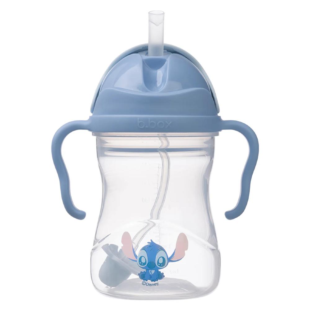 Clear sippy cup with blue lid and handles featuring Stitch on a white background