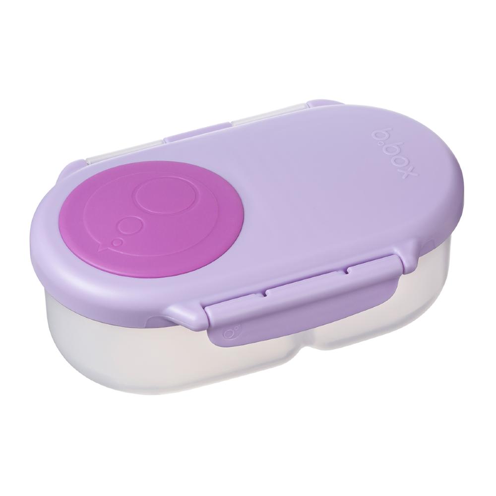 Purple and white snack container with a purple lid on a white background