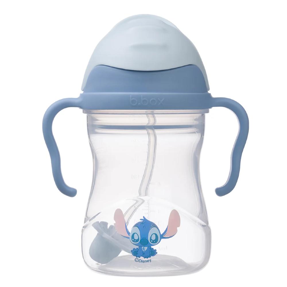 Clear sippy cup with blue handles and top, featuring a Stitch cartoon character, on a white background.