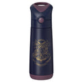 Navy blue thermos with gold Hogwarts crest on a white background
