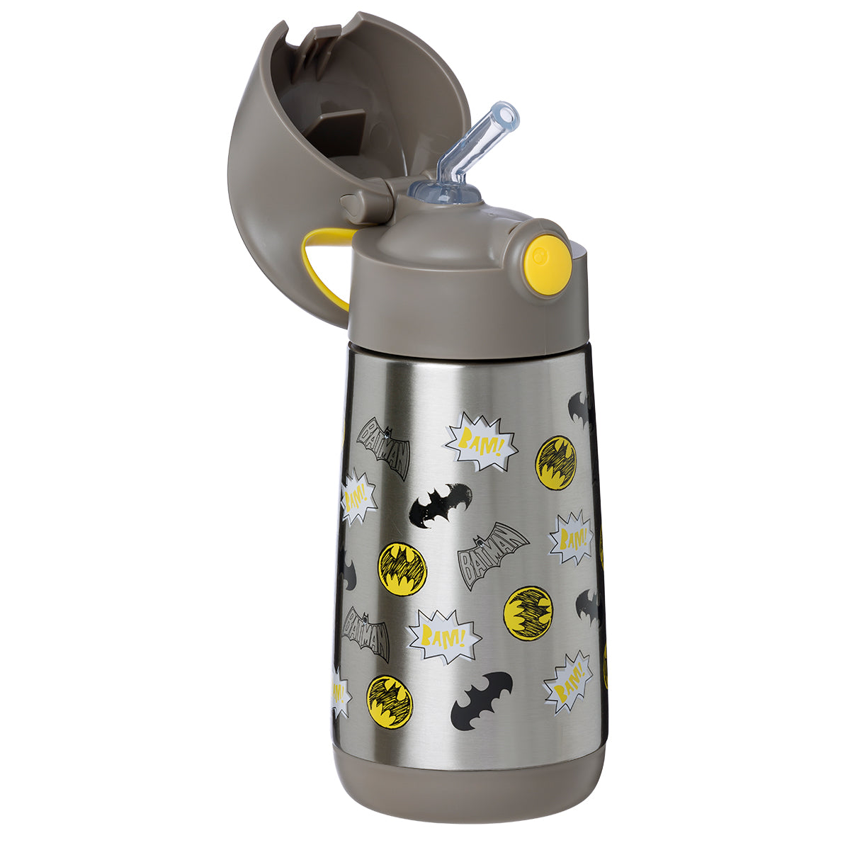 Children's water bottle with Batman-themed design on a white background
