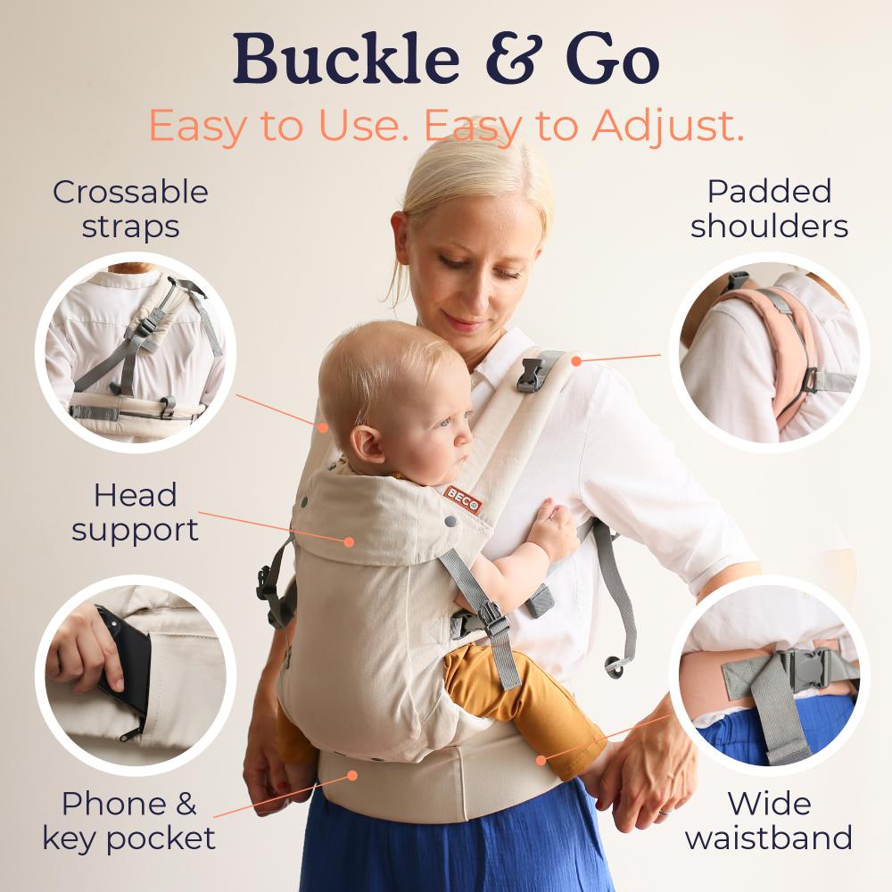 Woman using a baby carrier with features highlighted on a beige background