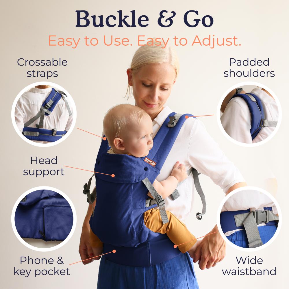 Navy blue baby carrier showing the features including crossable straps and wide waistband