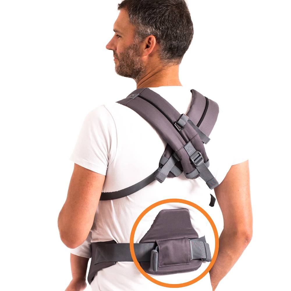 Man wearing a gray baby carrier with an inset showing a close-up of the lumbar support.