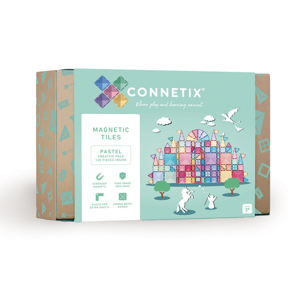 Connetix magnetic tiles packaging with colorful geometric shapes and pastel colors on a white background