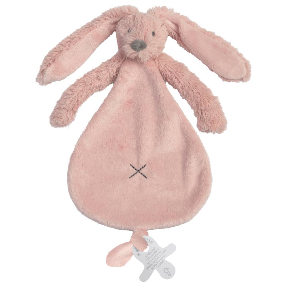 A pink Happy Horse soft, cuddly Rabbit comforter on a white background. 