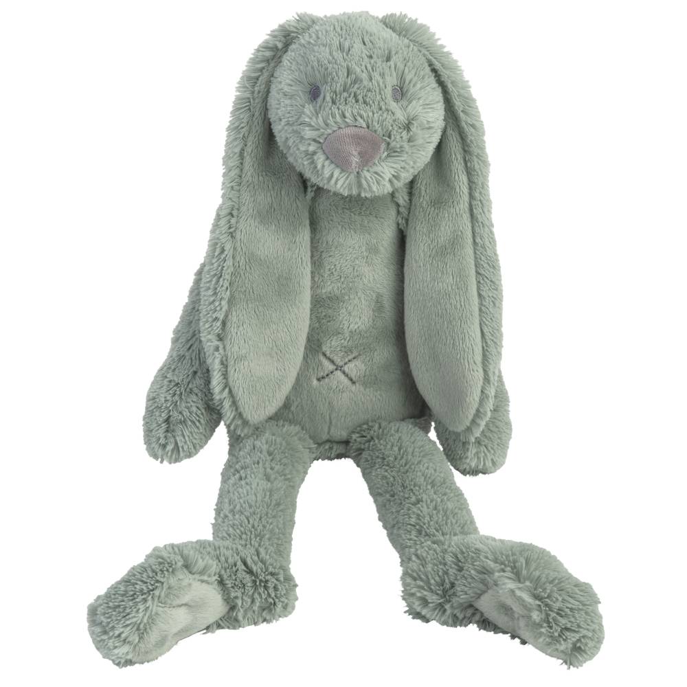 Green plush bunny toy on a white background