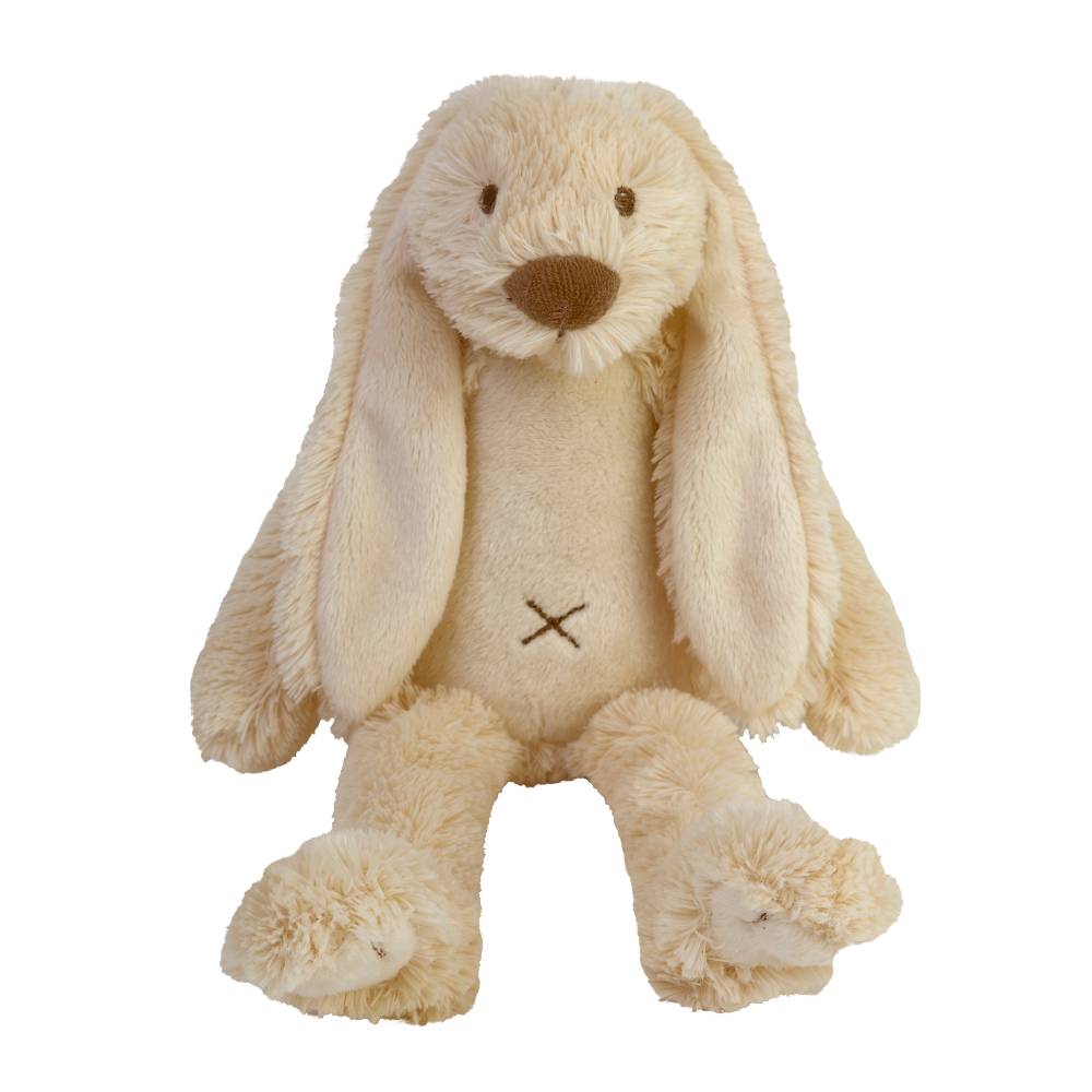Cream-colored plush bunny toy with a brown nose on a white background