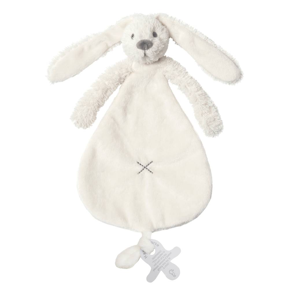 A White Happy Horse soft, cuddly Rabbit comforter on a white background. 