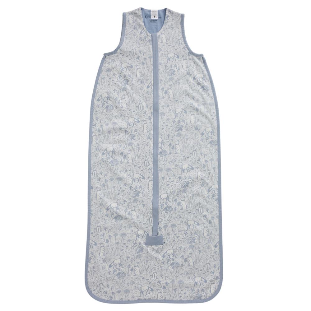 A sleeveless baby sleep sack with a front zipper, featuring a light blue and white floral pattern with a solid blue trim.