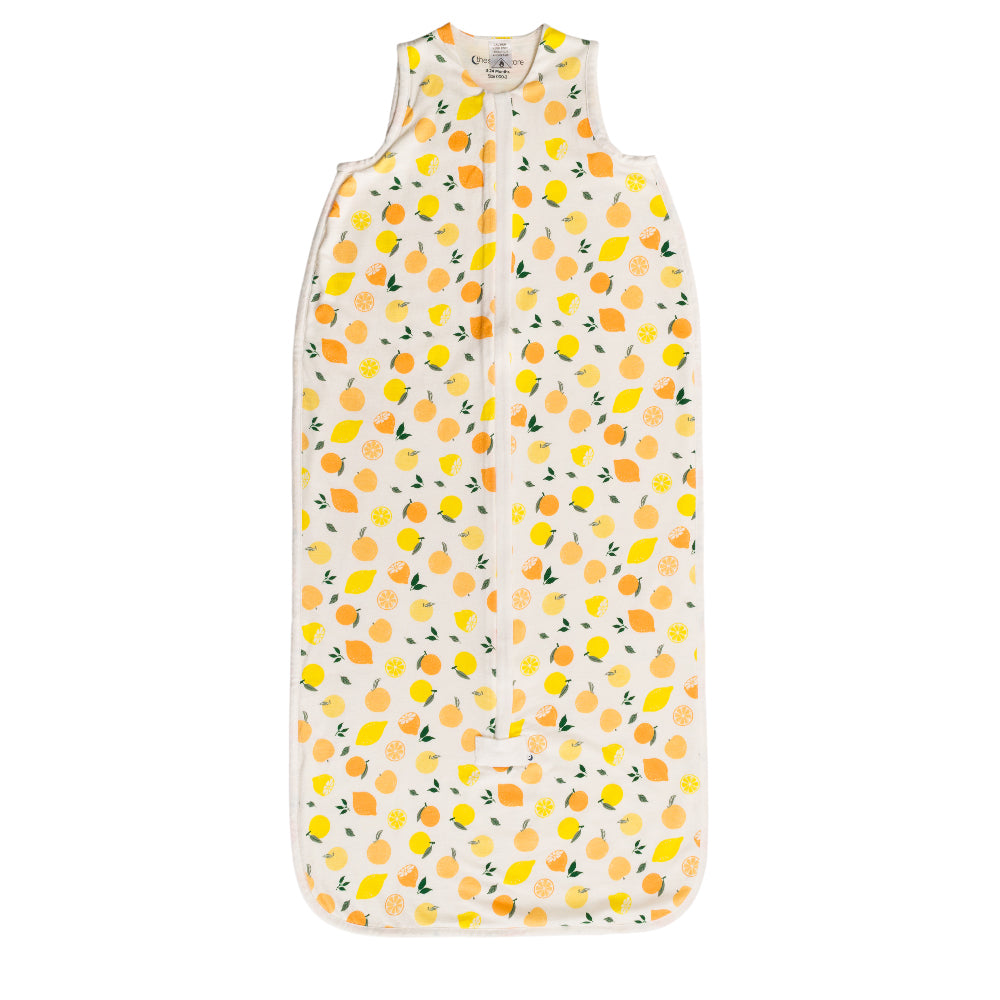 Lemons and Oranges print baby sleeping bag on a white background