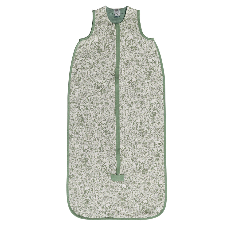 Green Woodland print baby sleeping bag on a white background