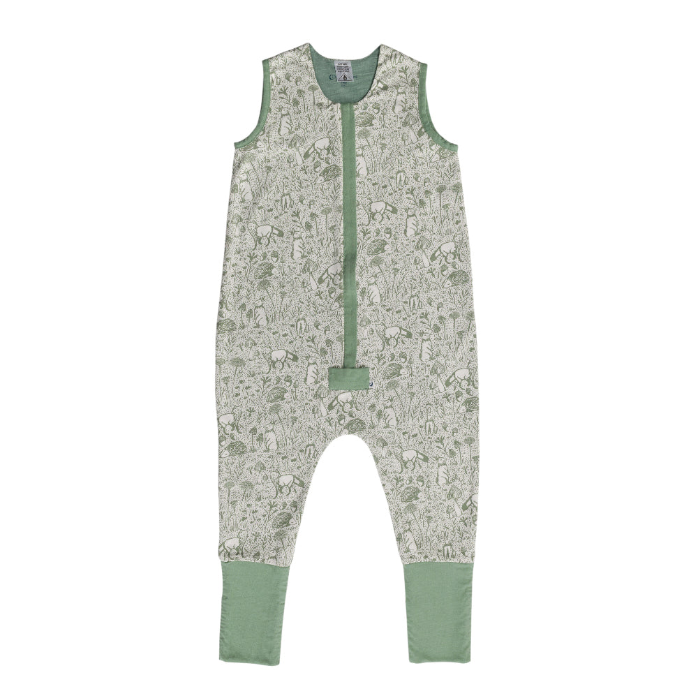 Green Woodland baby sleep suit on a white background
