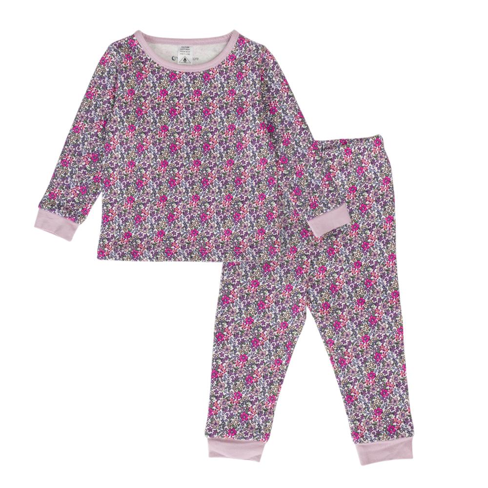 Cotton Fleece Long Sleeve pyjamas in Pink Floral Print on a white background