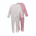 2 footed merino zipsuits, one pink, one cream with pink hearts on a white background