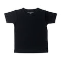 A black short-sleeve crewneck t-shirt with a white printed logo on the inside of the collar, displayed flat against a solid white background.