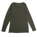 An olive green long-sleeve crewneck shirt laid flat against a white background.
