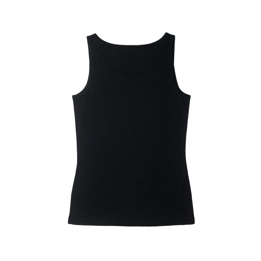A black sleeveless tank top with a wide boat neckline, displayed flat against a solid white background.