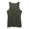 An olive green sleeveless tank top laid flat against a solid white background, with a small white printed logo on the inside of the neckline.
