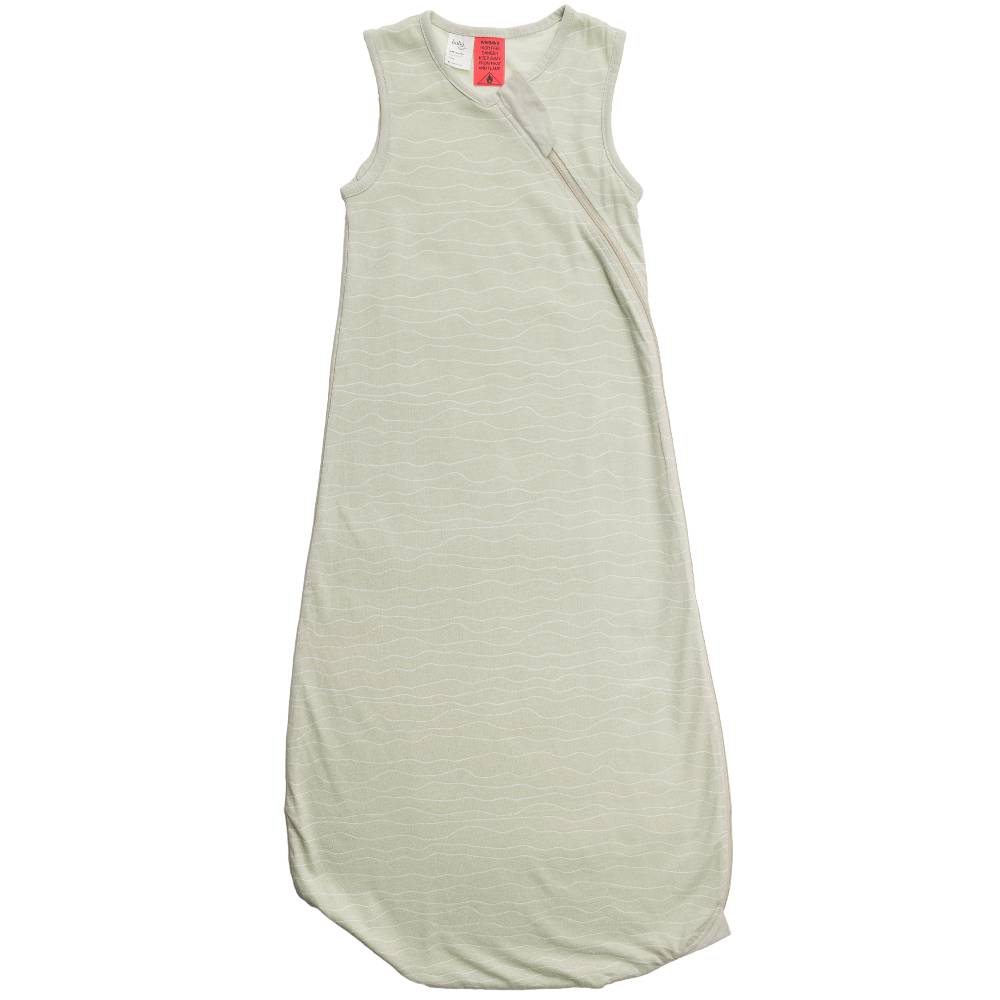 A sleeveless, light sage green sleep sack with a diagonal zipper, shown flat against a white background.