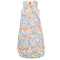 A sleeveless sleep sack with a colorful abstract graffiti-style pattern on a white background, shown flat against a white studio backdrop.