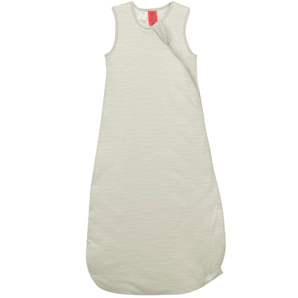 A sleeveless cotton and polyester baby sleep sack in a light sage green color, shown flat against a white background.