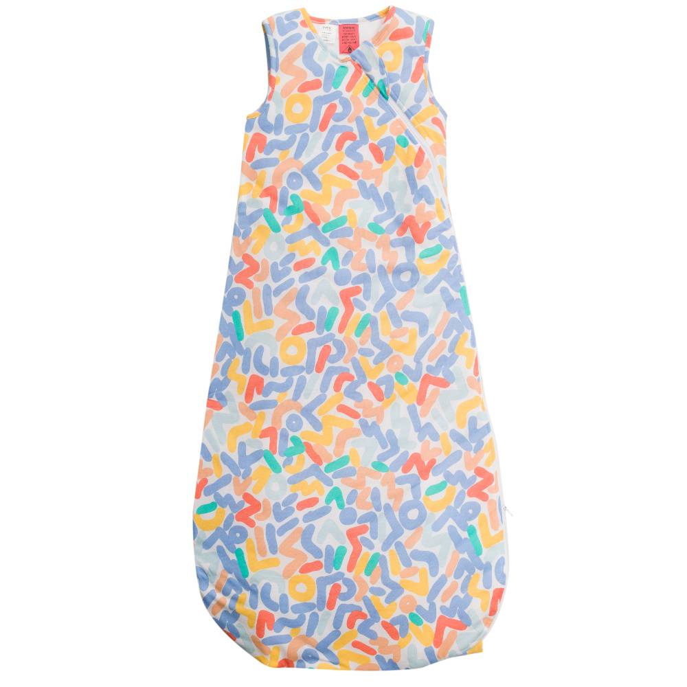 A sleeveless sleep sack with a colorful abstract doodle pattern on a white background, shown flat against a white studio backdrop.