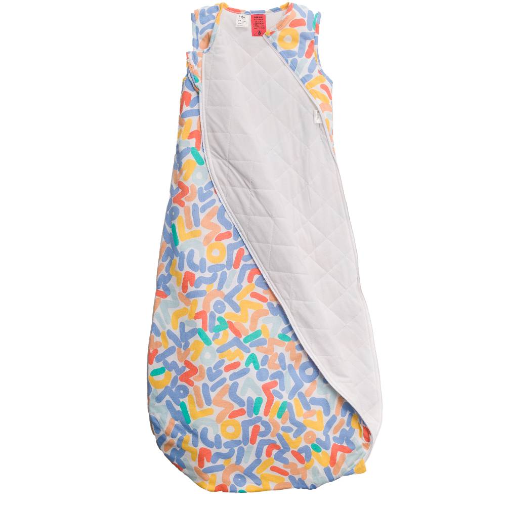 A sleeveless baby sleeping bag with a colorful abstract pattern on the outside and a light quilted lining, shown against a plain white background.