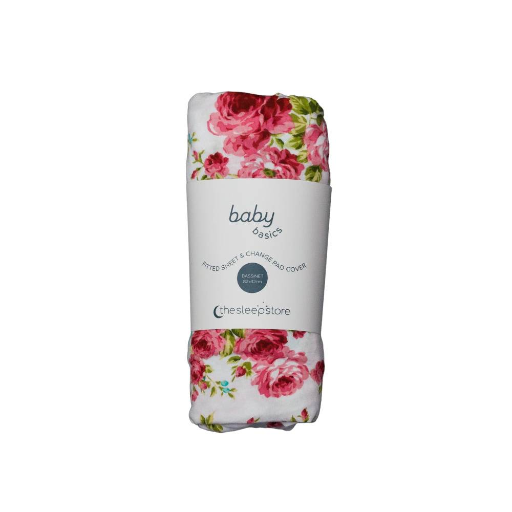 Pink Floral fitted sheet on white background