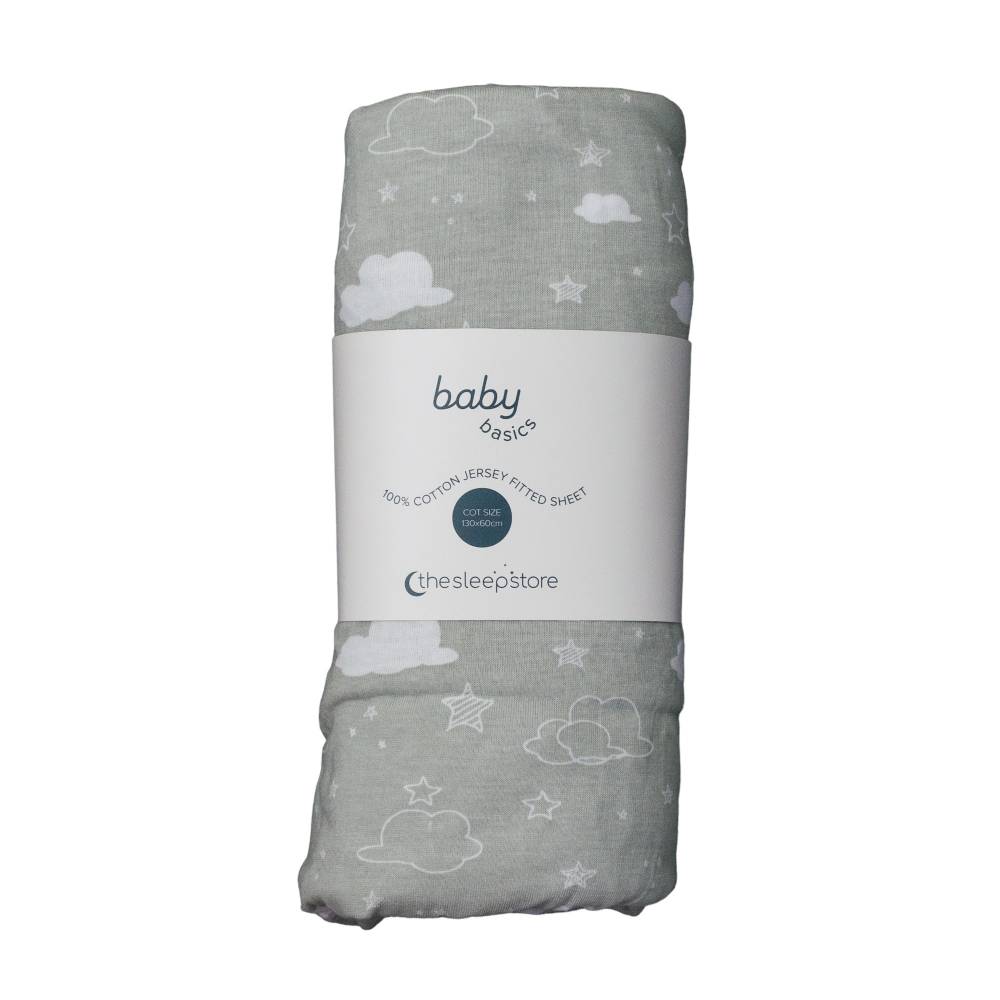 Cloud patterned fitted sheet on white background