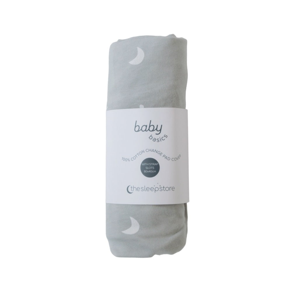 Grey baby change pad cover with small star print on a light gray background