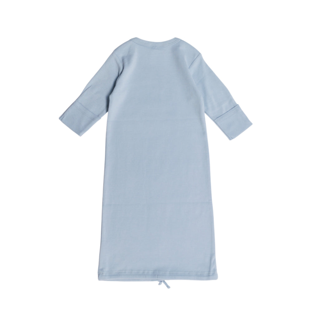 Light blue long sleeve baby gown on a white background