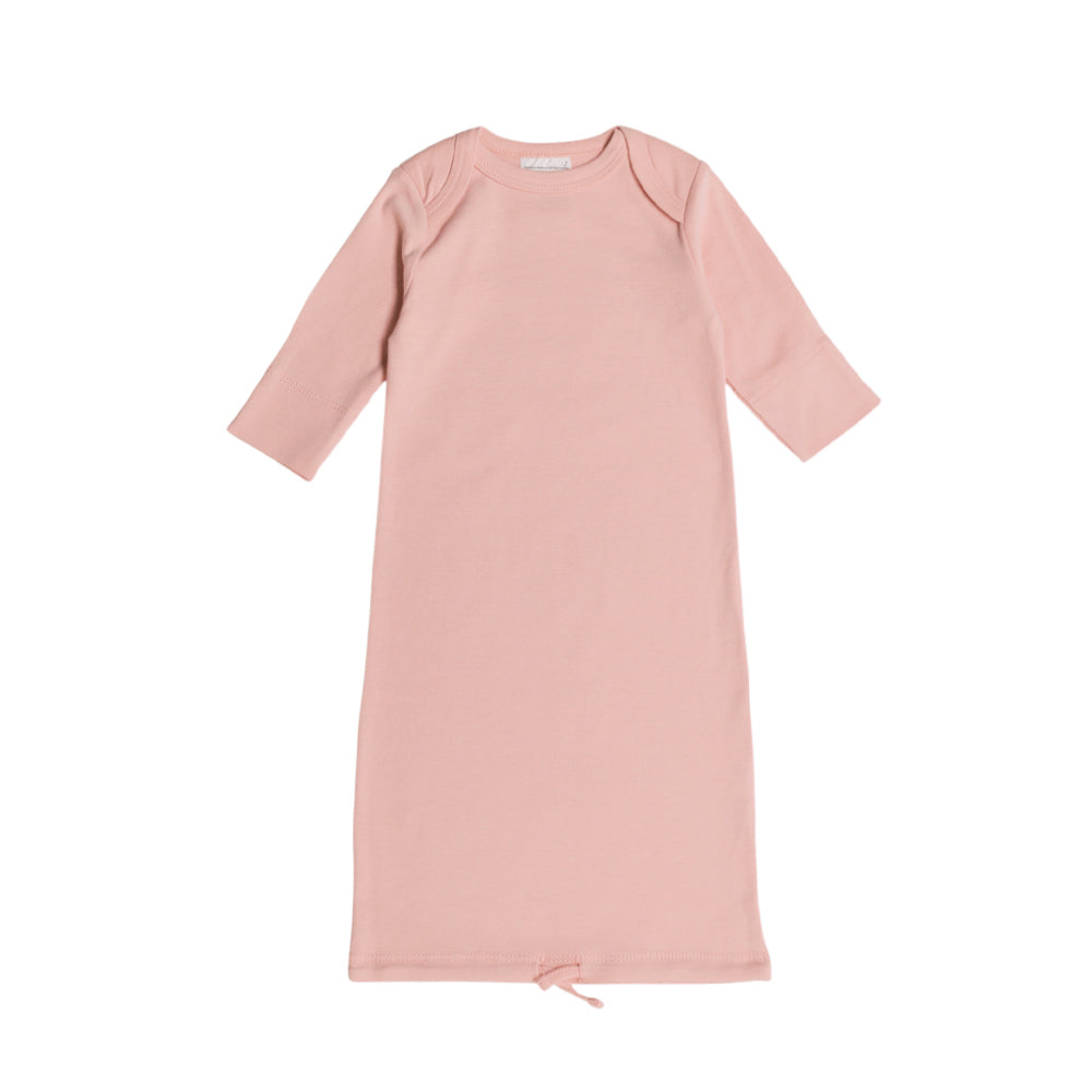 Pink organic cotton baby gown with long sleeves on a white background
