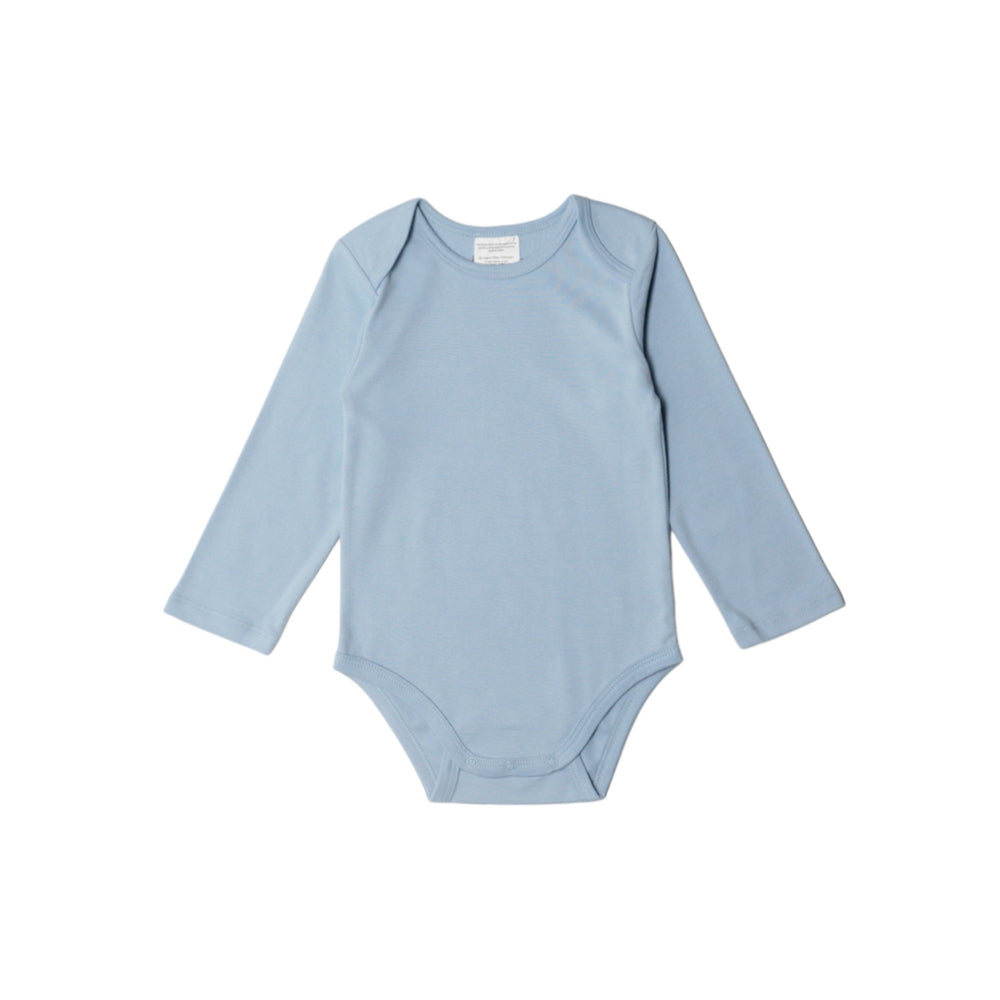 Light blue organic cotton baby bodysuit with long sleeves on a white background