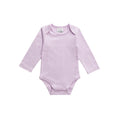 Purple organic cotton baby bodysuit with long sleeves on a white background