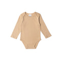 Beige organic cotton baby bodysuit with long sleeves on a white background