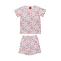 A two-piece kids' pajama set featuring a short-sleeve t-shirt and matching shorts with an all-over floral print in pink, purple, and orange on a white background.