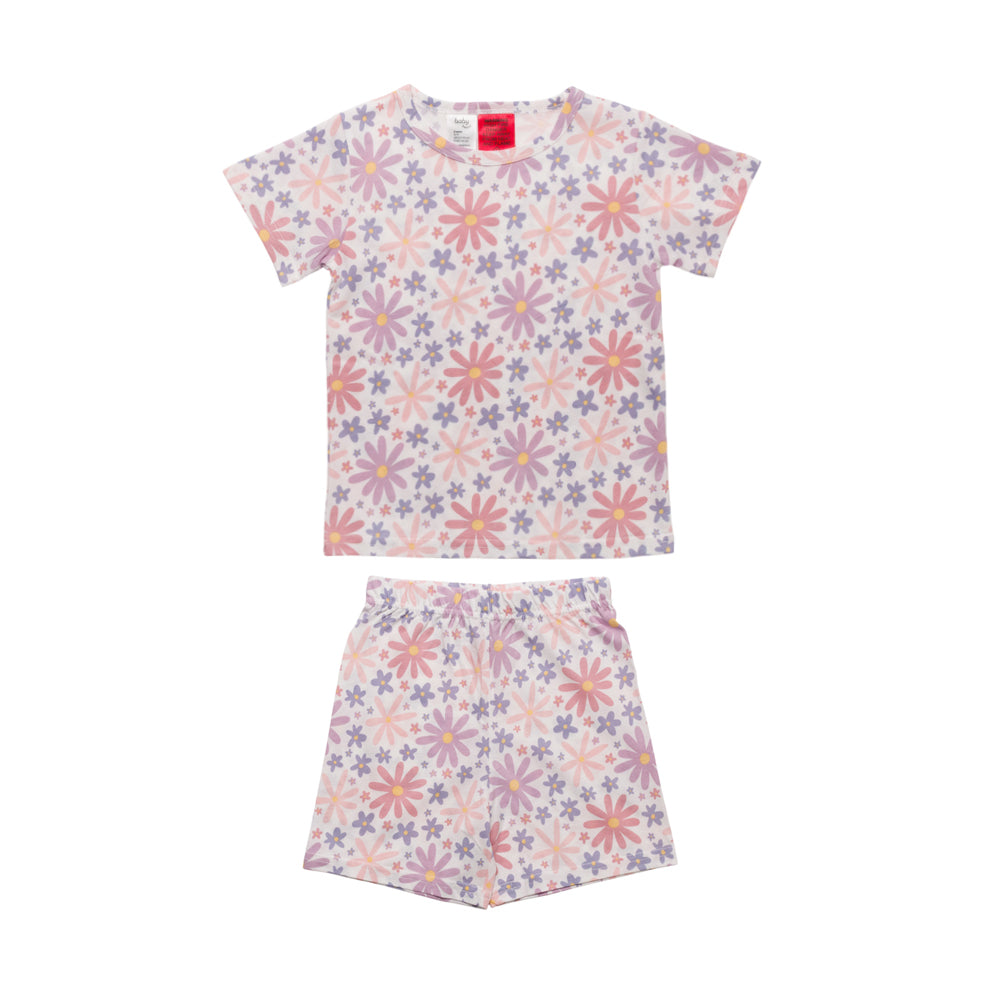 A two-piece kids' pajama set featuring a short-sleeve t-shirt and matching shorts with an all-over floral print in pink, purple, and orange on a white background.
