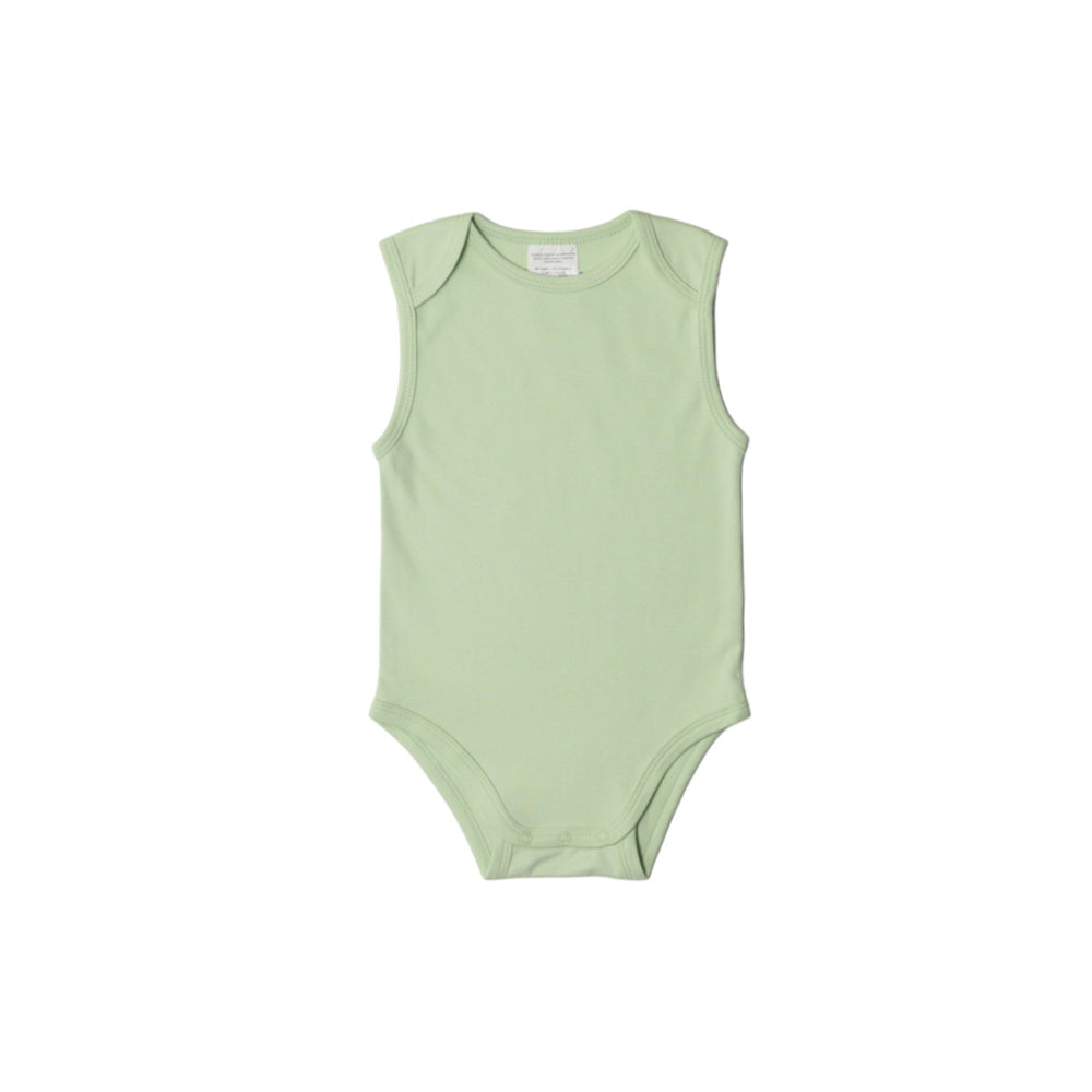 Light green organic cotton sleeveless baby bodysuit on a white background