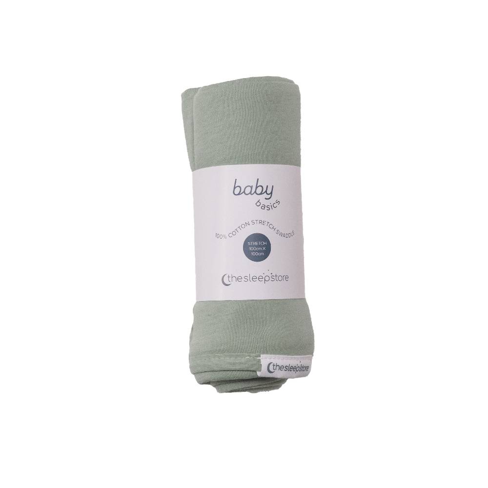 Folded green baby swaddle blanket with 'The Sleep Store' label on a white background