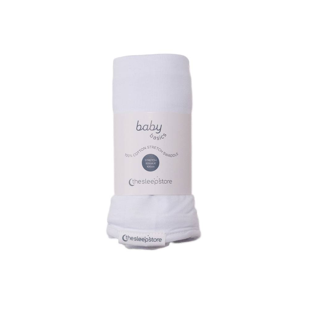 White baby swaddle blanket with 'the sleep store' branding on a white background