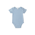 Light blue organic cotton baby onesie on a white background