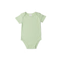 Light green organic cotton short sleeve  baby bodysuit on a white background