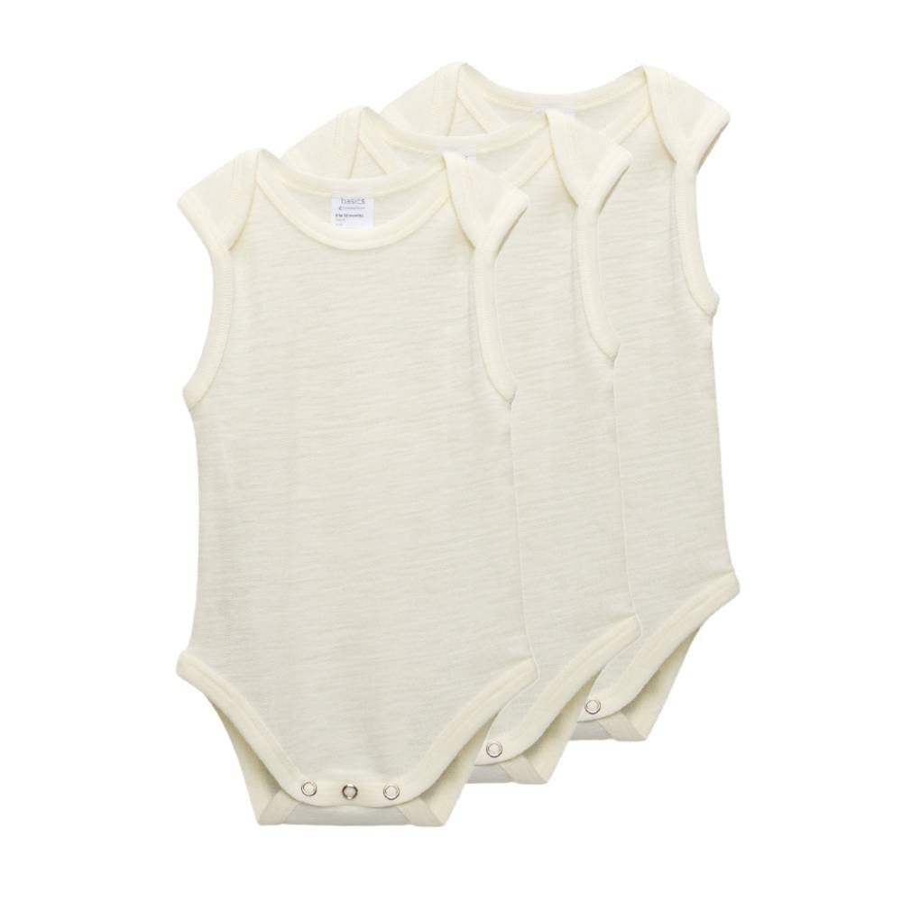 Three sleeveless merino wool cream baby bodysuits stacked together on a plain white background.
