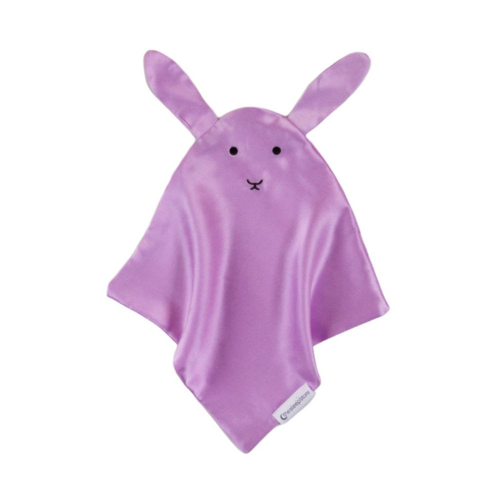 Purple bunny-shaped silk comforter on a white background