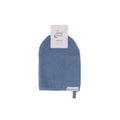 Blue wash mitt with a label on a white background